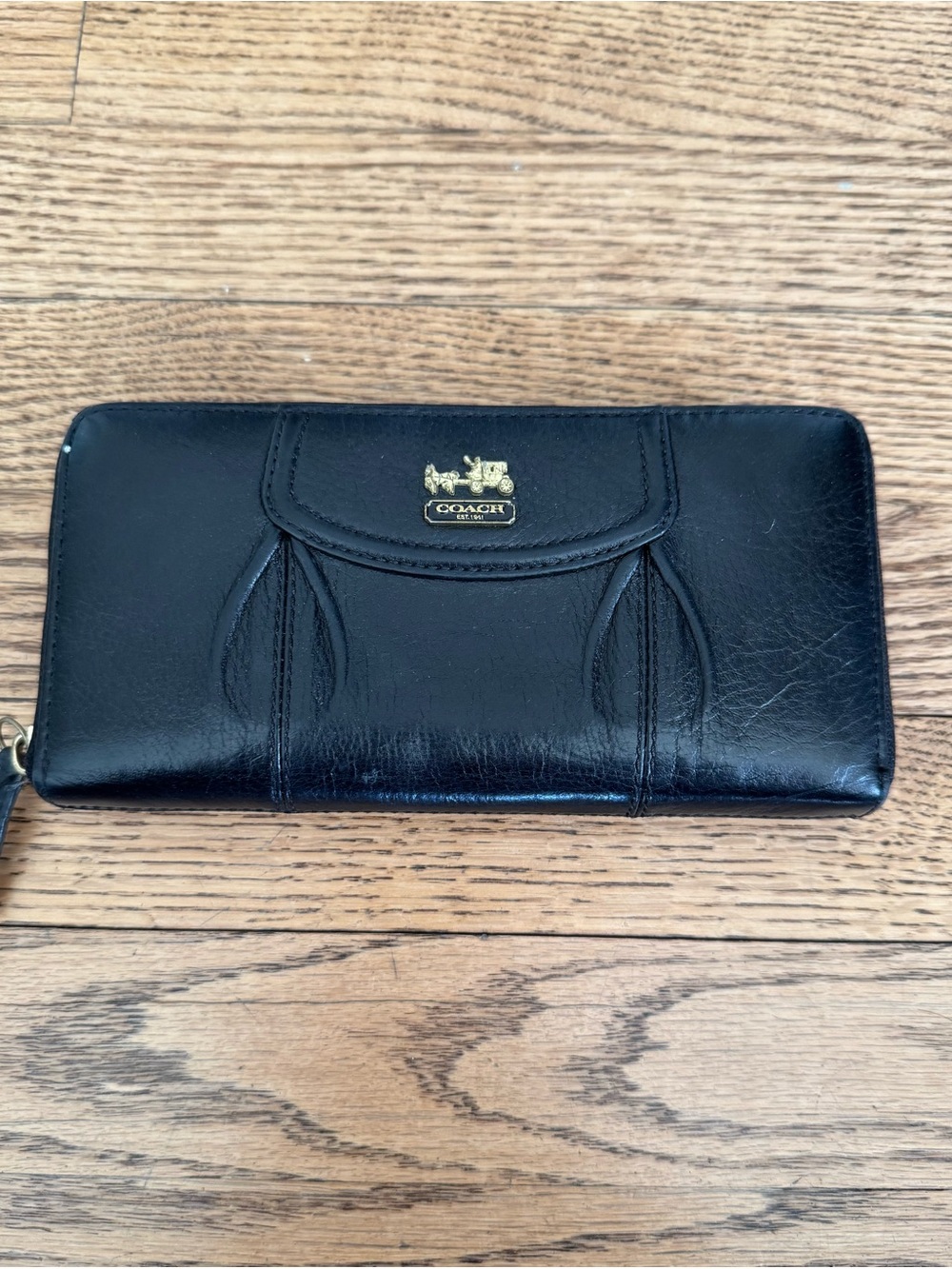 Coach Black Leather Zip Wallet with Gold Coach Emblem